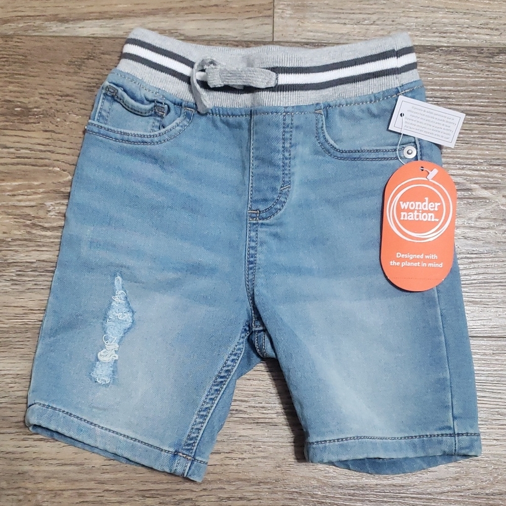 wonder nation light blue denim knit-waist shorts with gray striped waistband